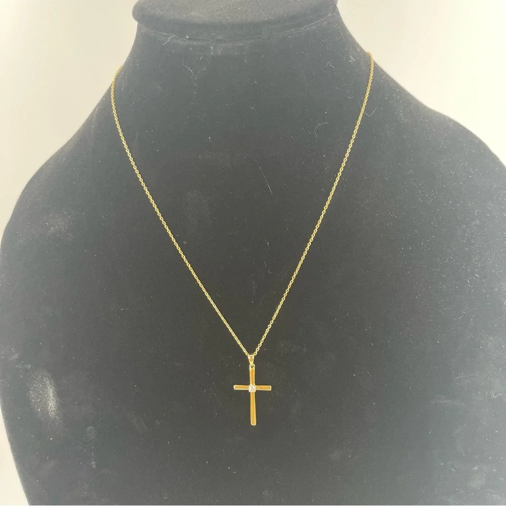 20” Sterling Silver 925 Chain Gold Tone Cross Tiny Crystal Gem Pendant Necklace